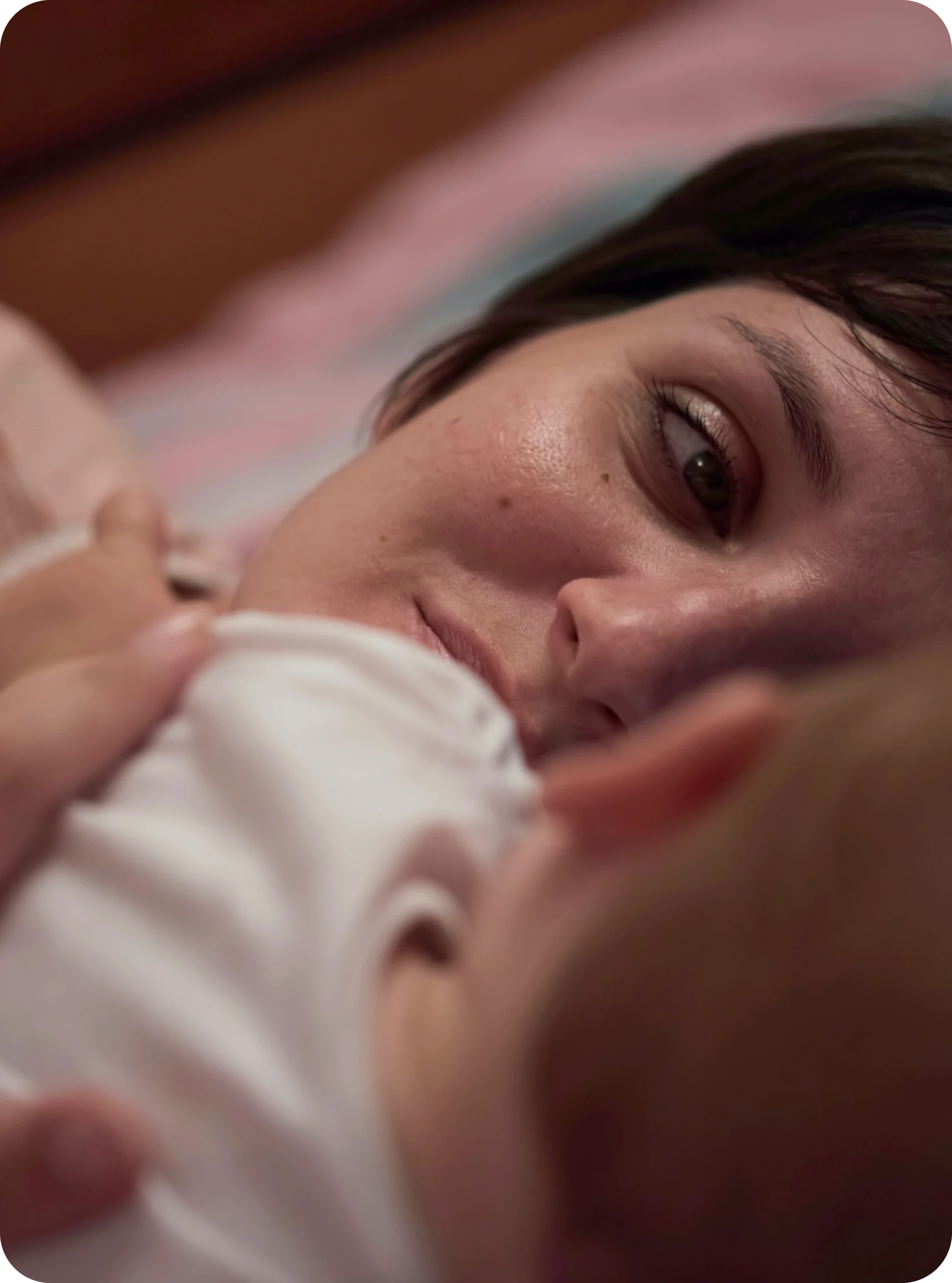 New mother receiving compassionate virtual postpartum depression support