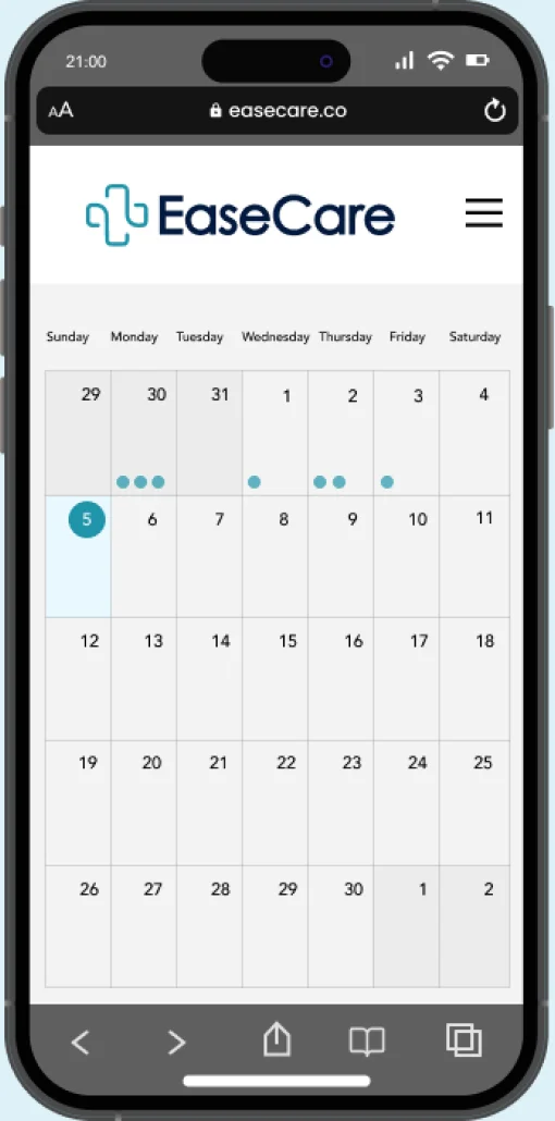 EaseCare mobile app calendar on a smartphone