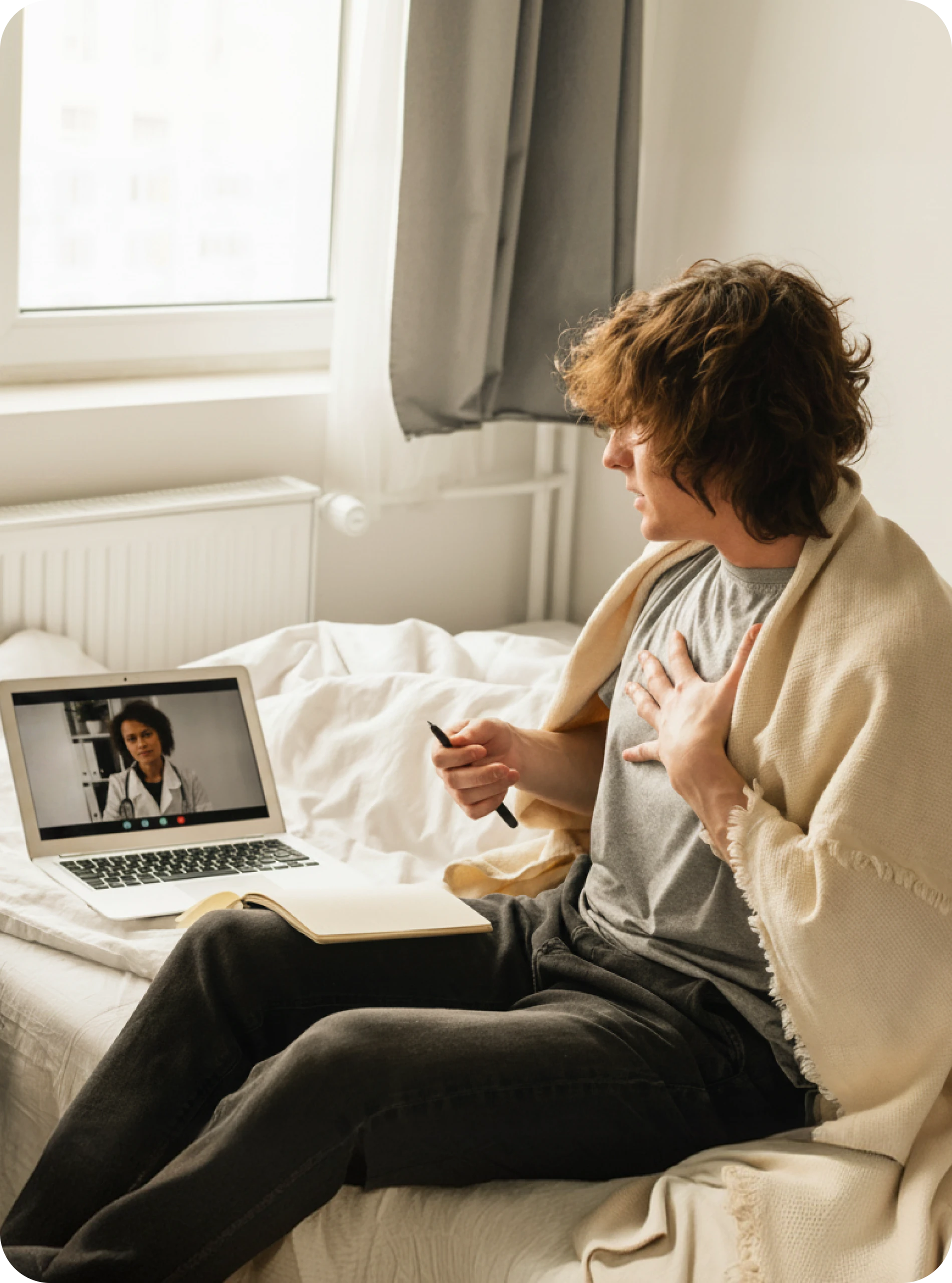Person receiving compassionate virtual mental health medication support